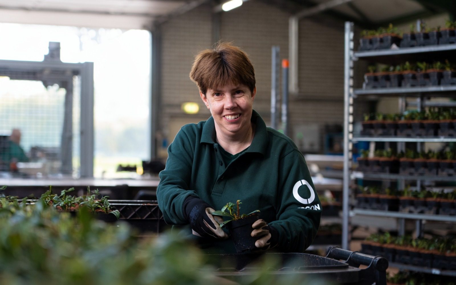 Een medewerker van Ergon Kwekerij neemt een jong plantje van een werkblad en lacht in de camera.