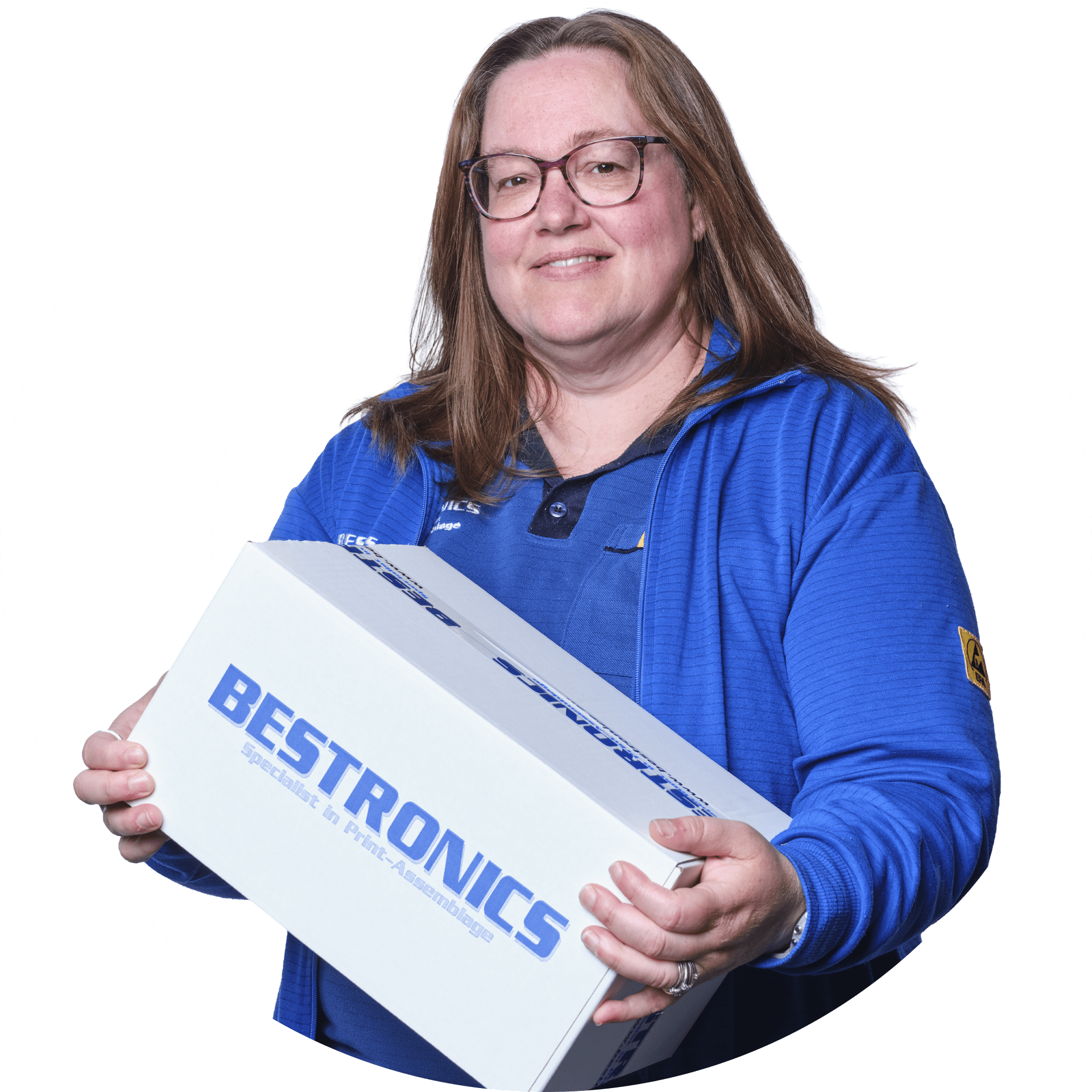 Grafische weergave van een Bestronics-medewerker die een pakket vasthoudt in een Ergon beeldmerk.