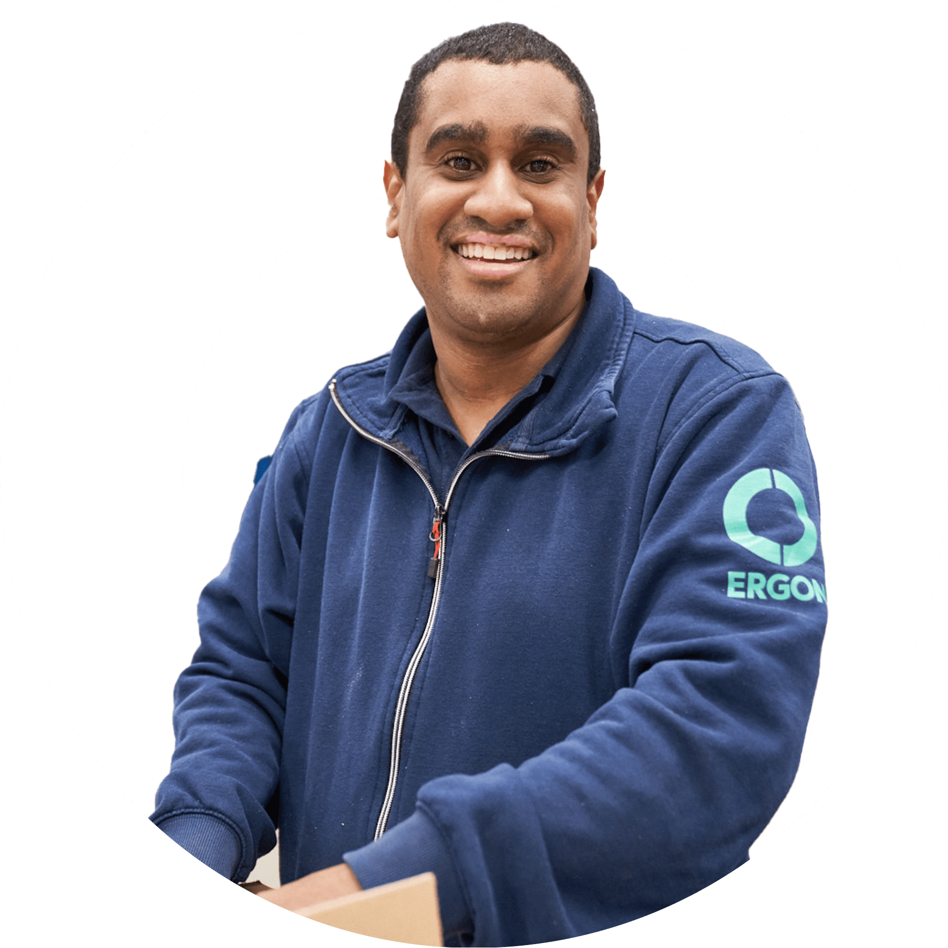 Decoratieve bewerking van een medewerker van Ergon Productie in het Ergon logo.